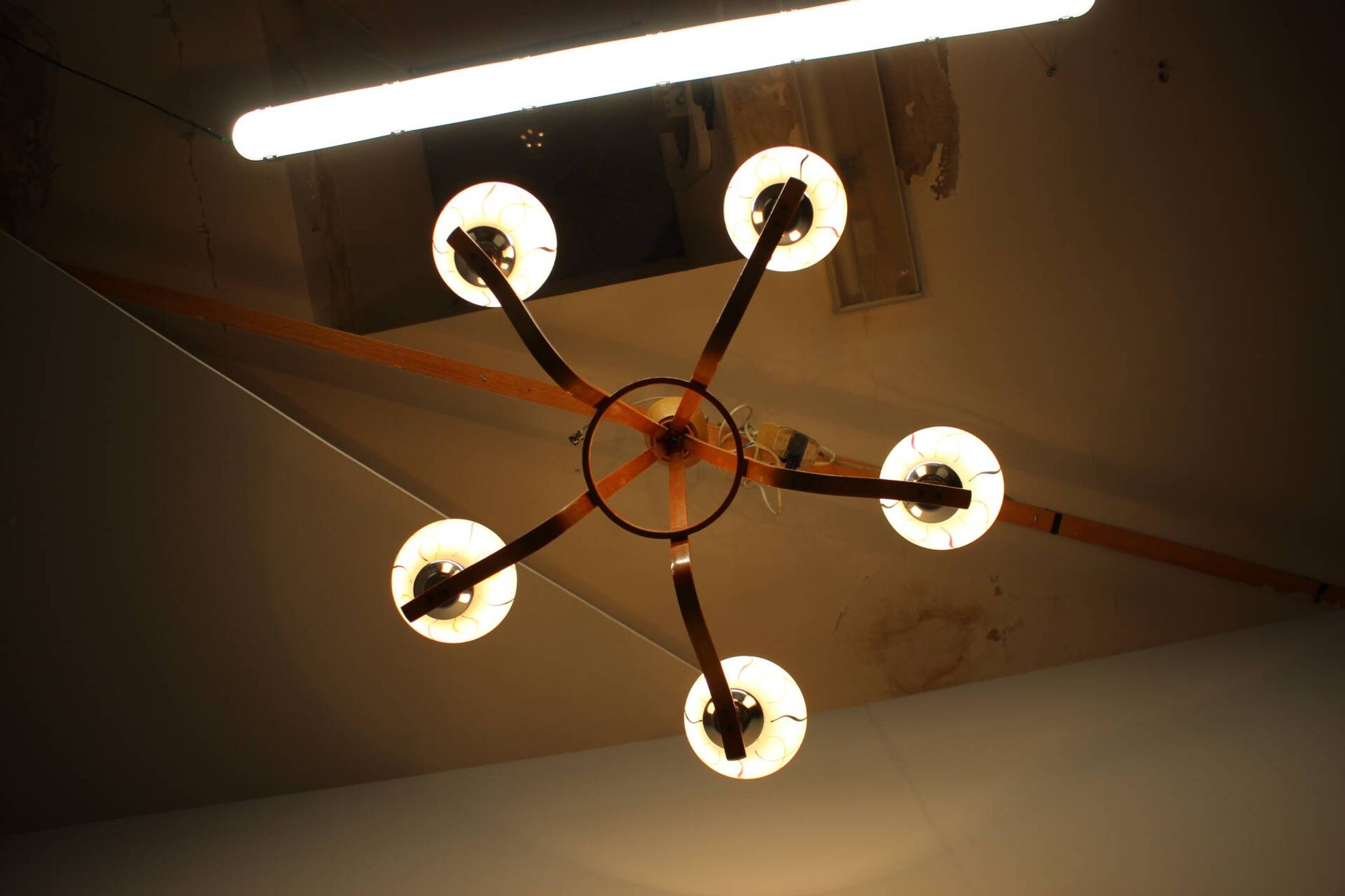 Mid-century wooden chandelier with glass shades, Czechoslovakia, 1970s.