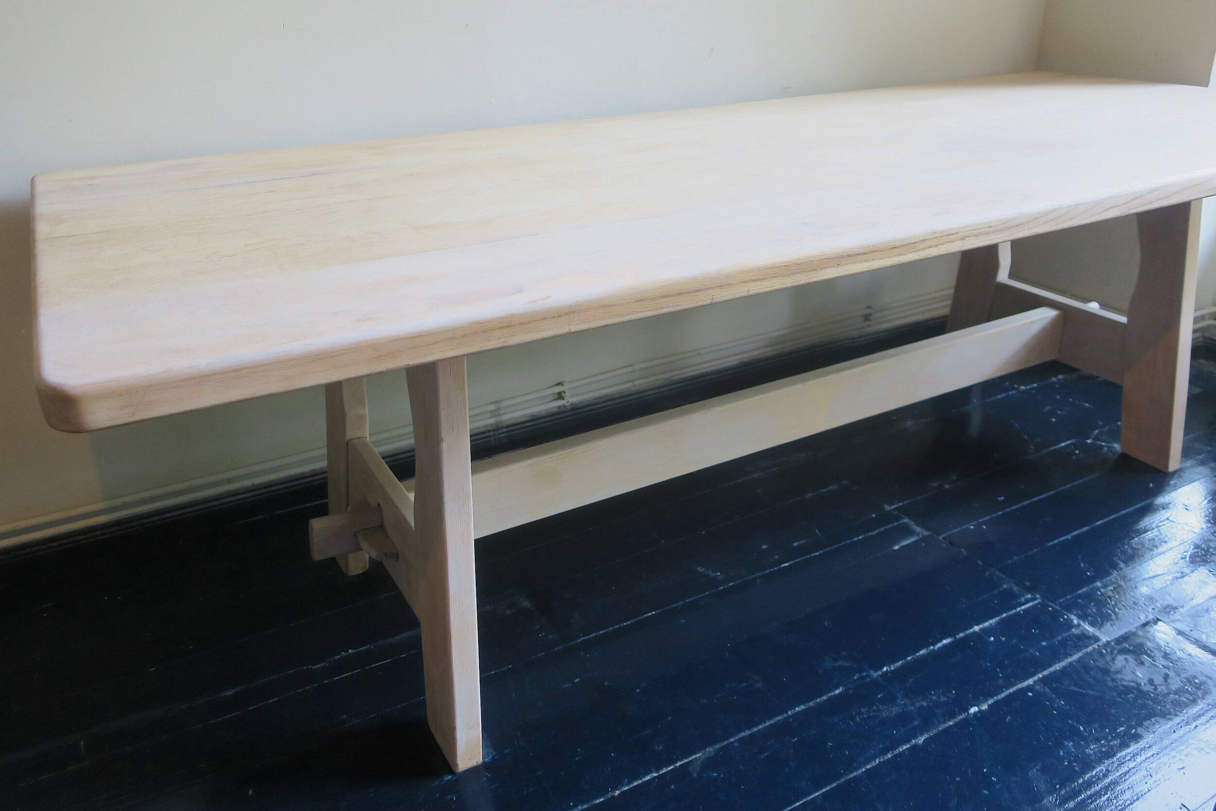 Large farmhouse trestle table in limed oak, 1940s-50s