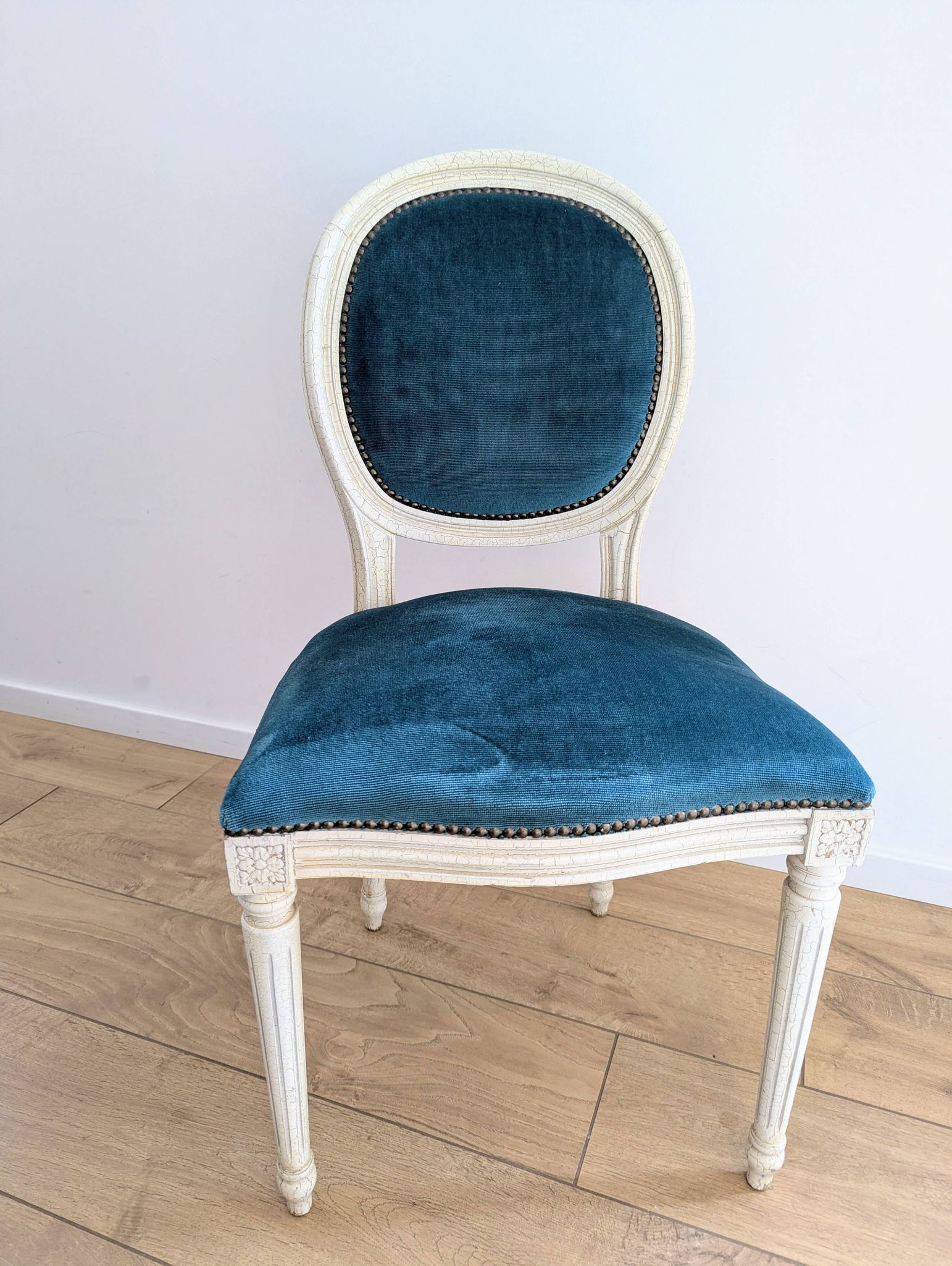 Vintage Louis XVI style chair in petrol blue velvet and patinated wood