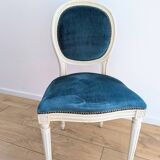Vintage Louis XVI style chair in petrol blue velvet and patinated wood