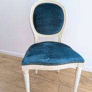 Vintage Louis XVI style chair in petrol blue velvet and patinated wood