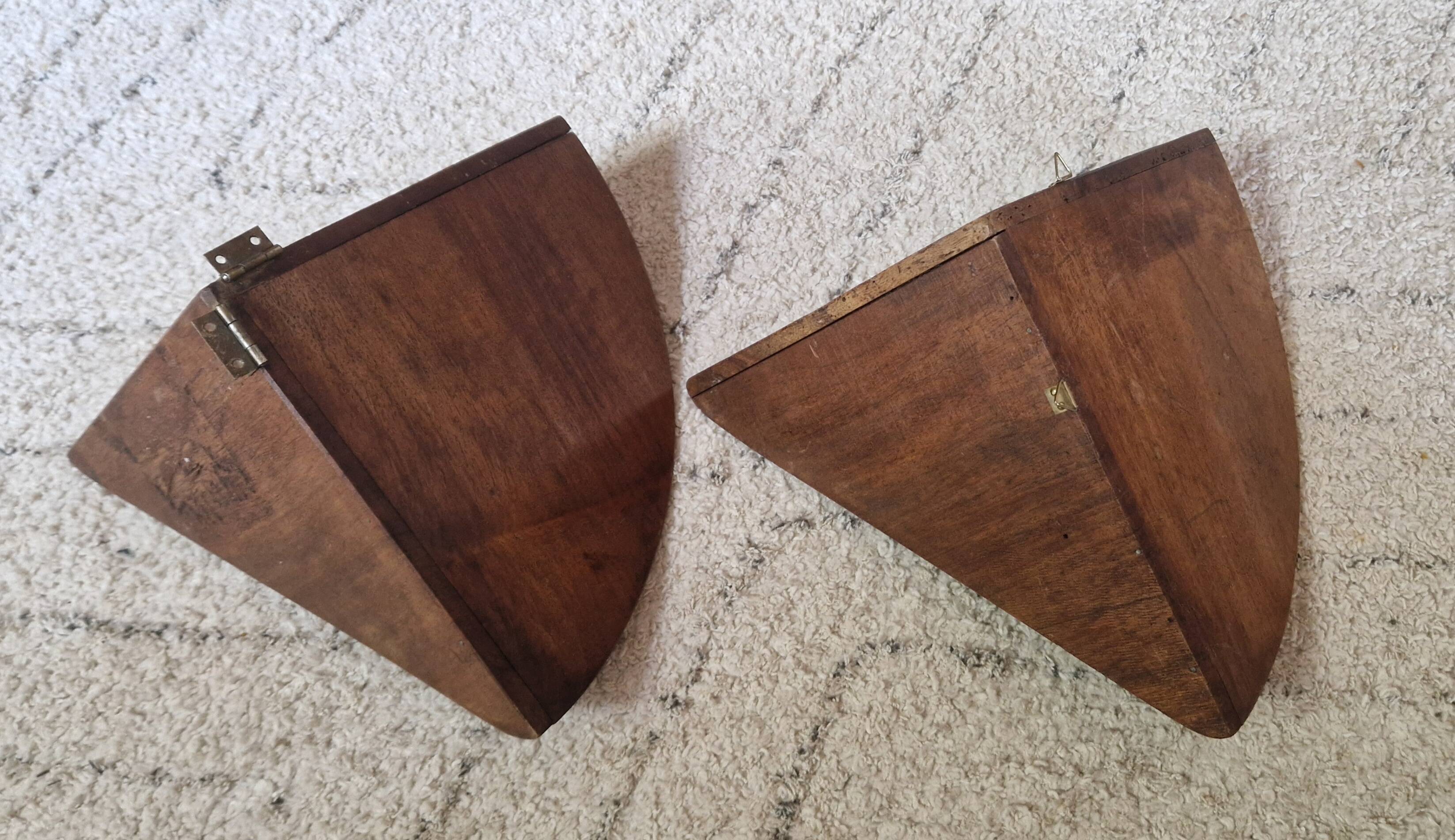Pair of small wooden corner shelves, circa 1950