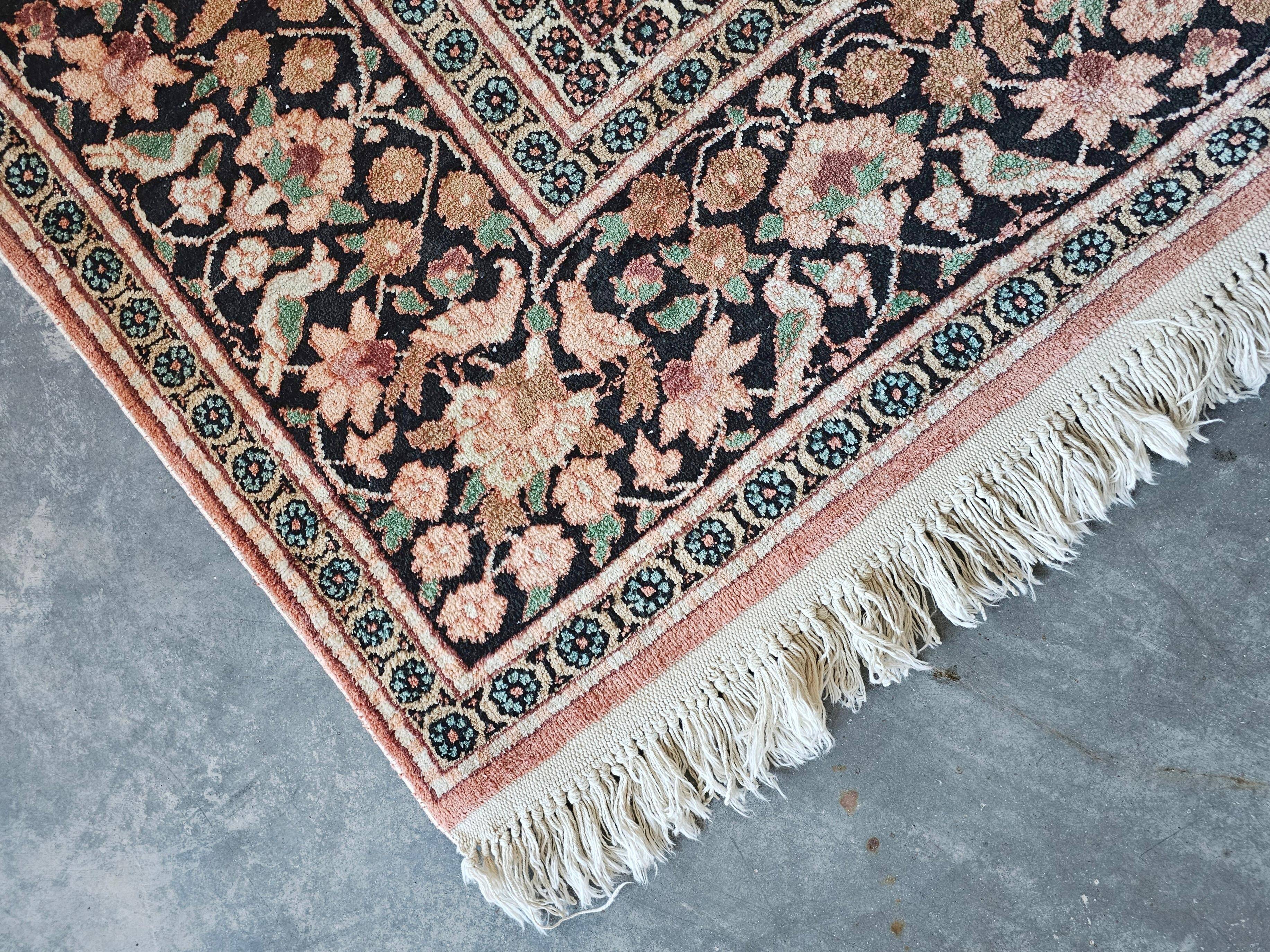 Vintage Kasmir Silk Hand-Knotted Rug with Floral Pattern, Pakistan 1950s