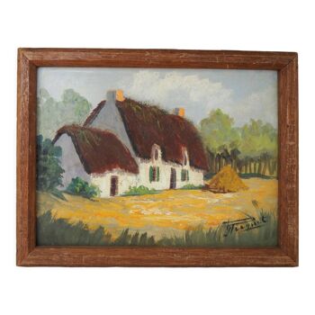 Oil on framed wood, thatched house