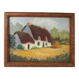 Huile sur bois encadrée, maison de chaume