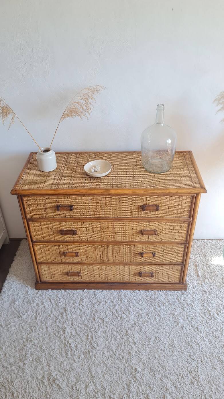 Vintage rattan chest of drawers from the 1970s.