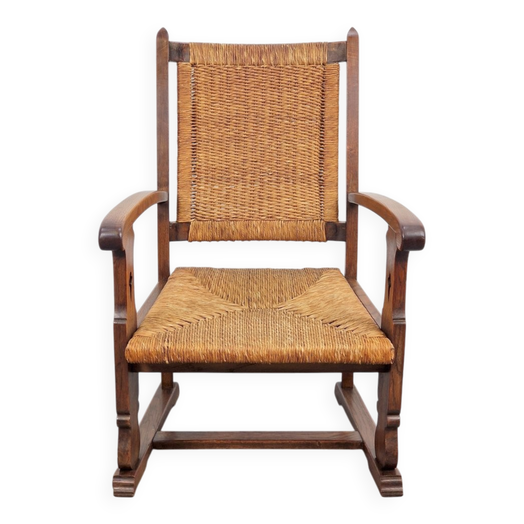 Modern Dutch Brutalist Armchair in Rush and Oak, 1950s