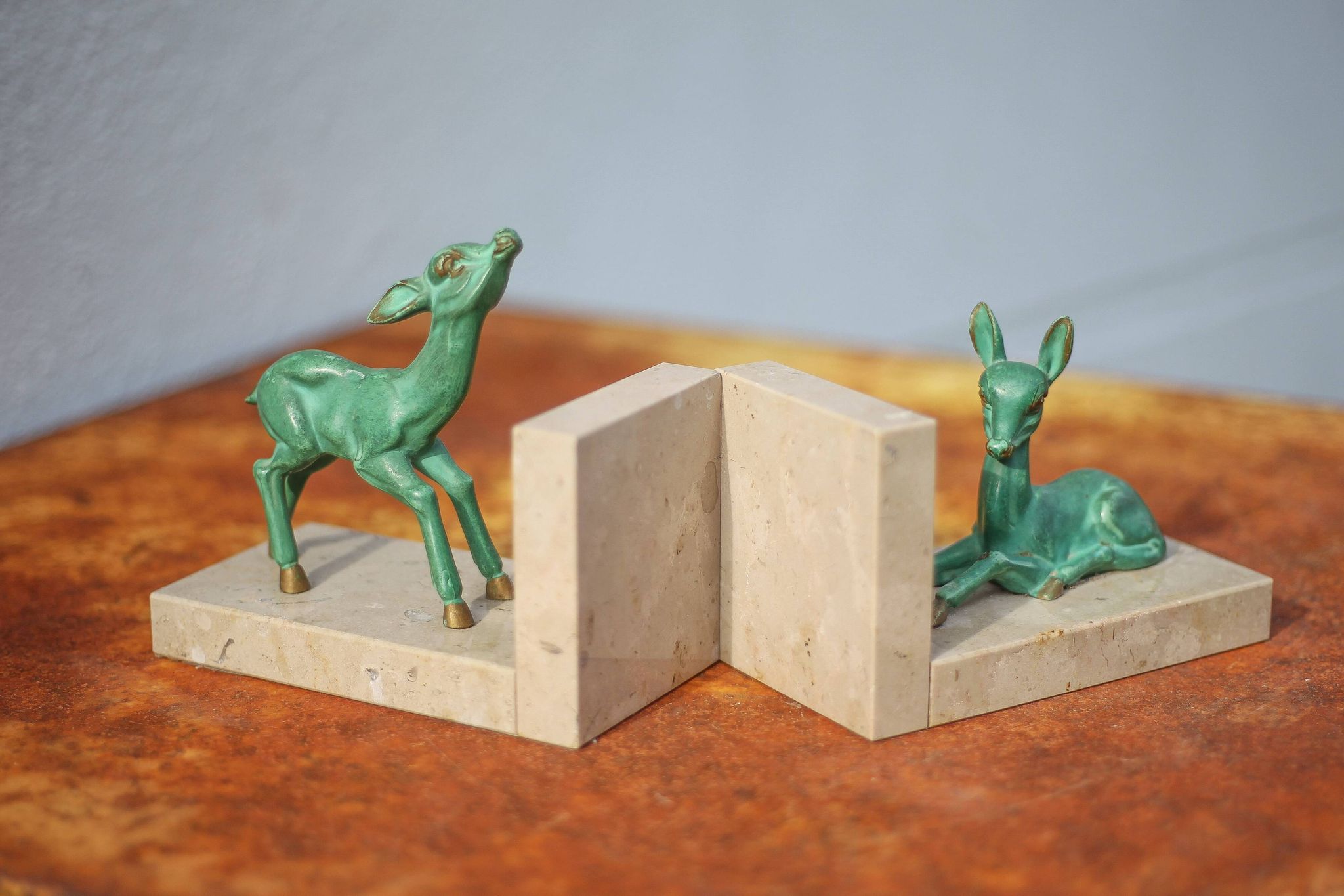Marble and green patina metal bookends, vintage style bookends, animals, paperweight
