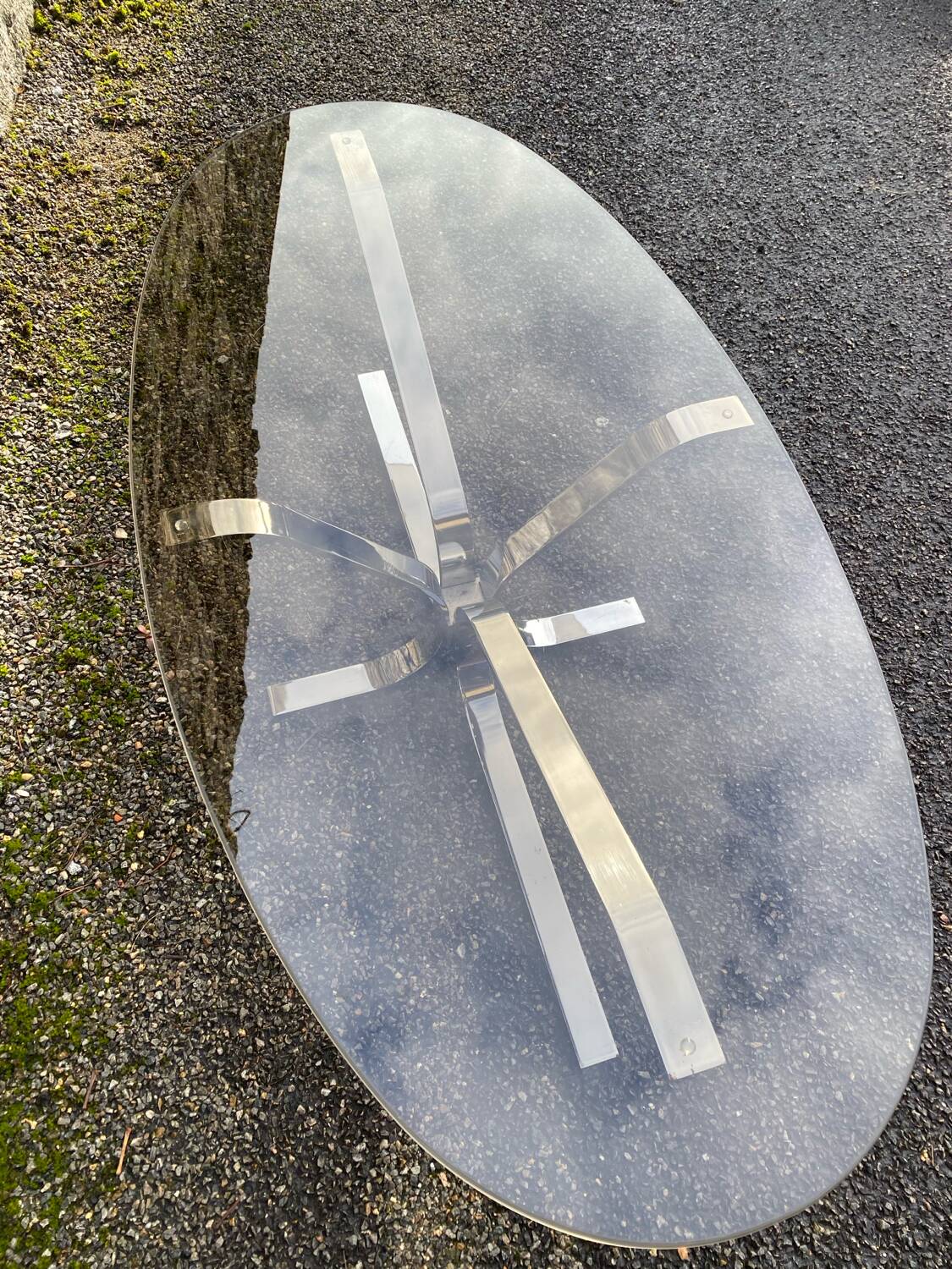 VINTAGE 1970 COFFEE TABLE OVAL CHROME SMOKED GLASS BROWN