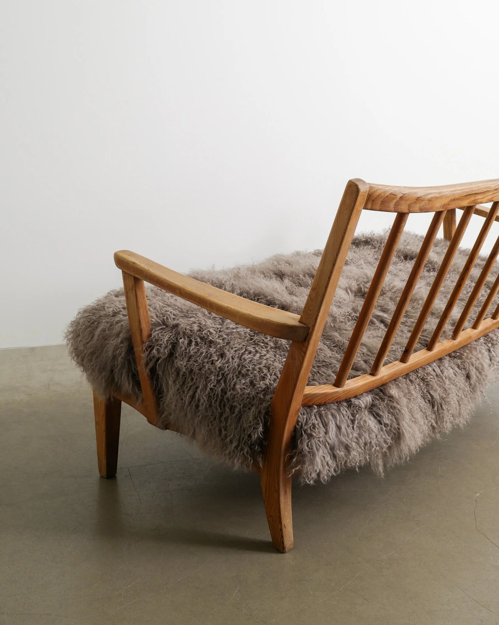 Early Swedish Modern Wooden Pine Sheepskin Sofa by Carl Malmsten, 1940s