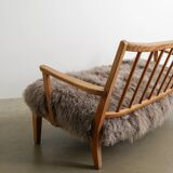 Early Swedish Modern Wooden Pine Sheepskin Sofa by Carl Malmsten, 1940s