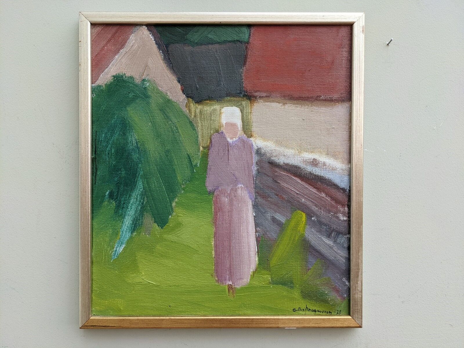 1977 Mid-Century Modern "Pensive Walk" Swedish Figurative Oil Painting, Framed