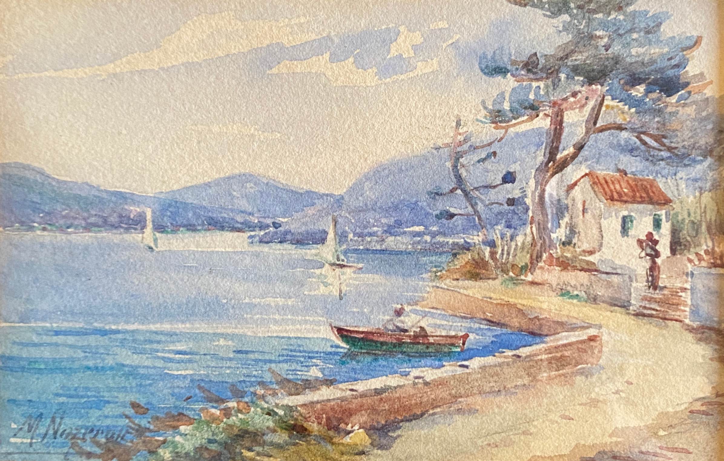 Painting "Mediterranean Seaside" Watercolor signed around 1920
