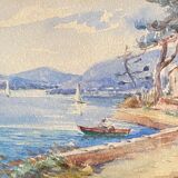 Painting "Mediterranean Seaside" Watercolor signed around 1920