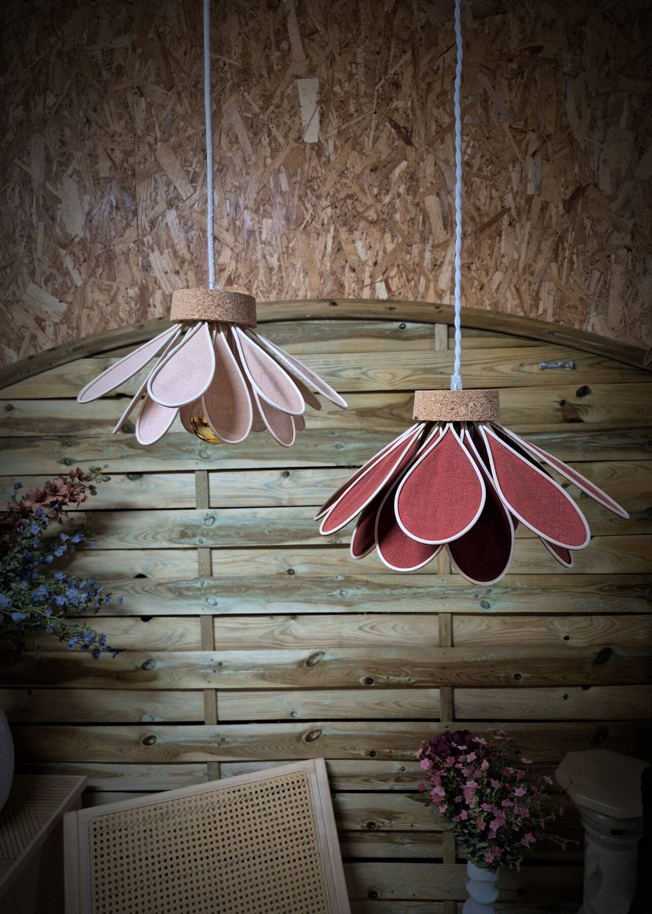 Iris flower pendant, 16 petals in terracotta rattan and linen.