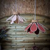 Iris flower pendant, 16 petals in terracotta rattan and linen.