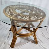 Table with rattan legs and glass top, 1970