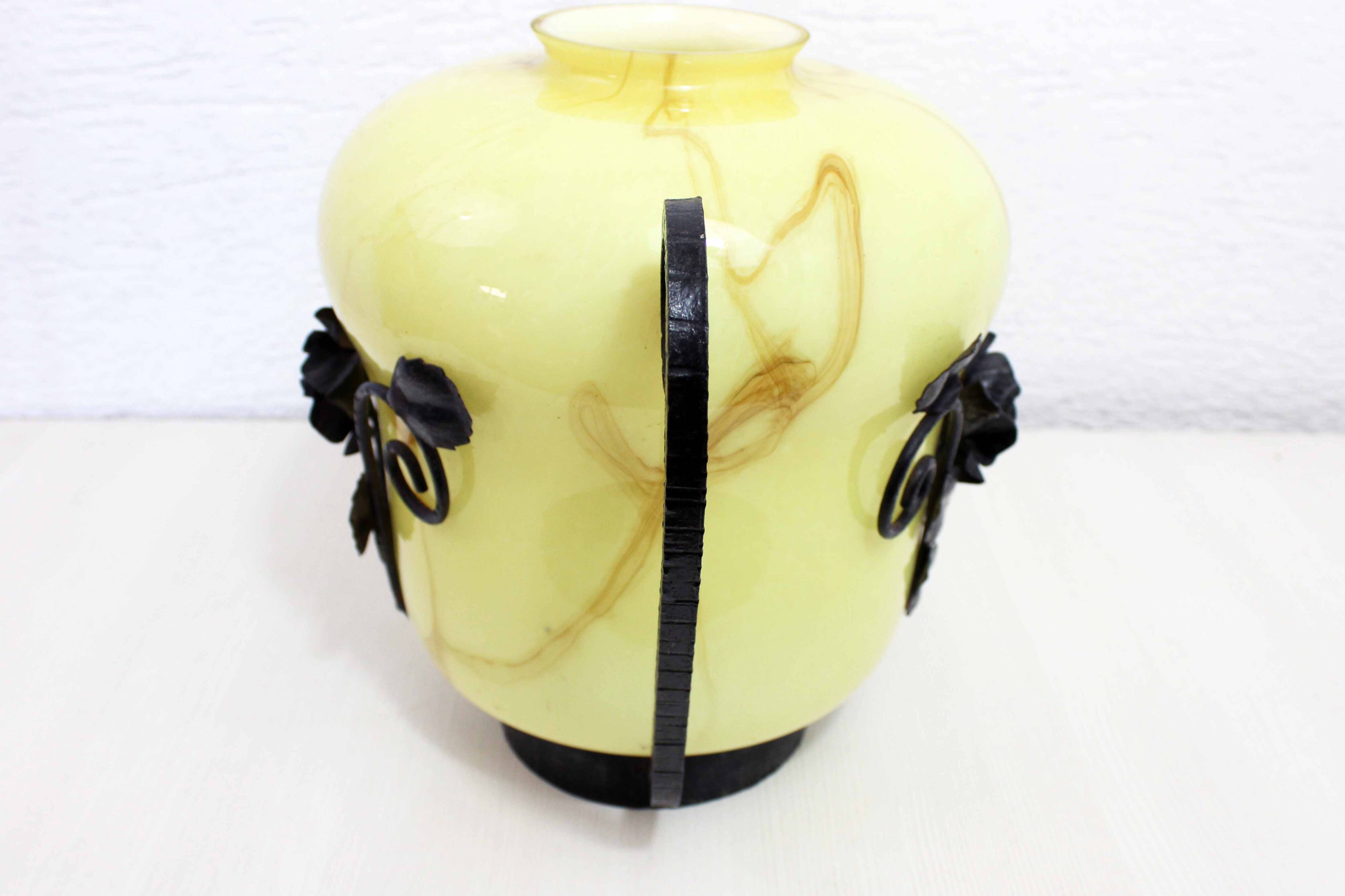 Art Deco transition glass and wrought iron vase