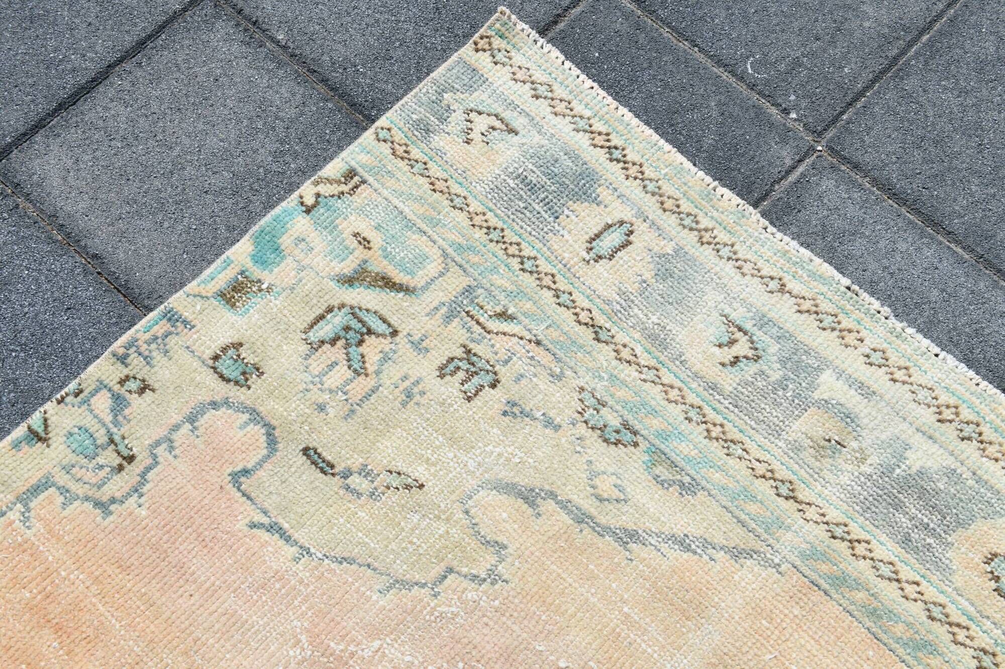 Tapis Oushak Vintage, Laine Turque Beige Pêche & Bleu Délavé, 159x227 Cm