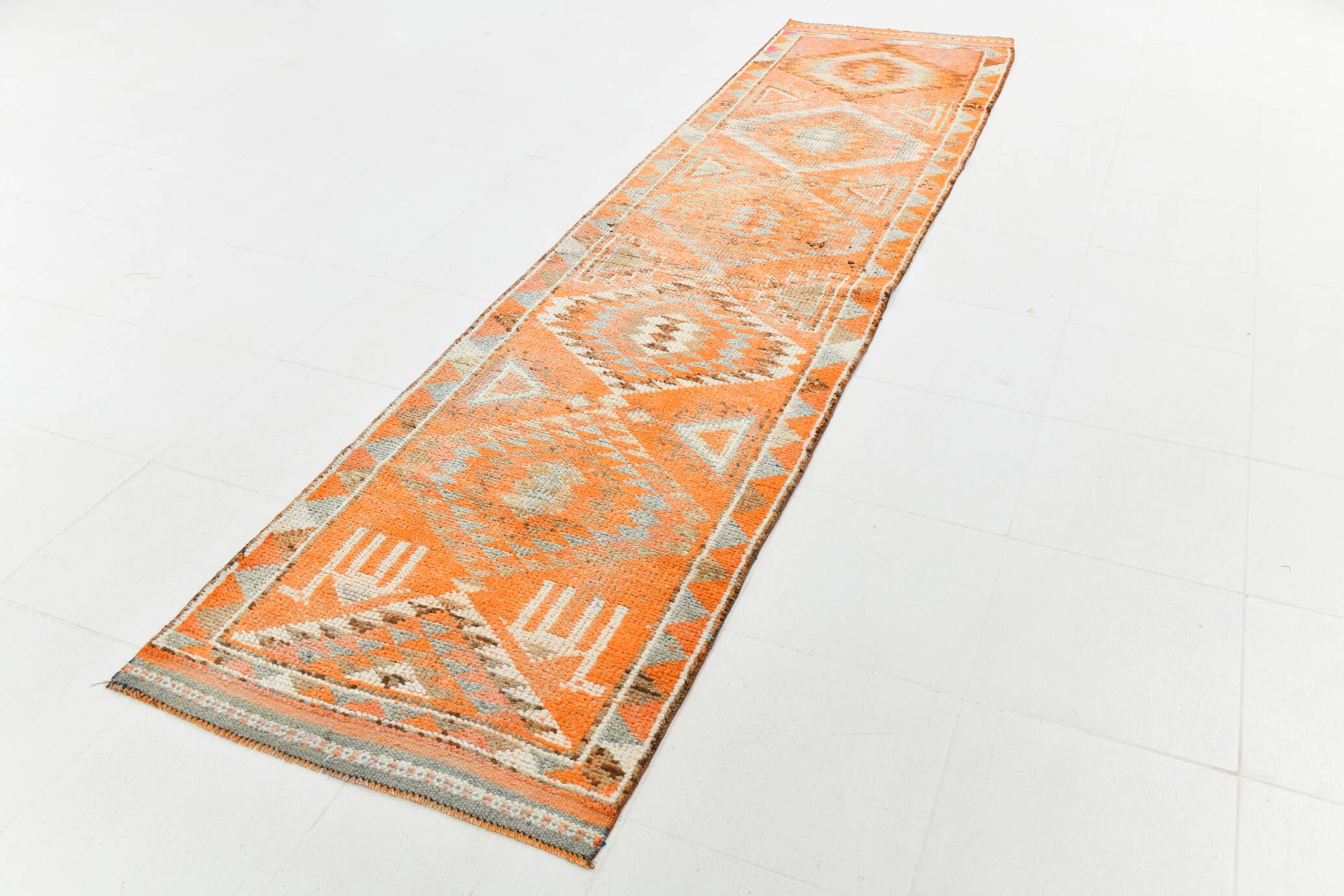 Orange & Beige Tribal Oushak Runner Rug, 88x362Cm