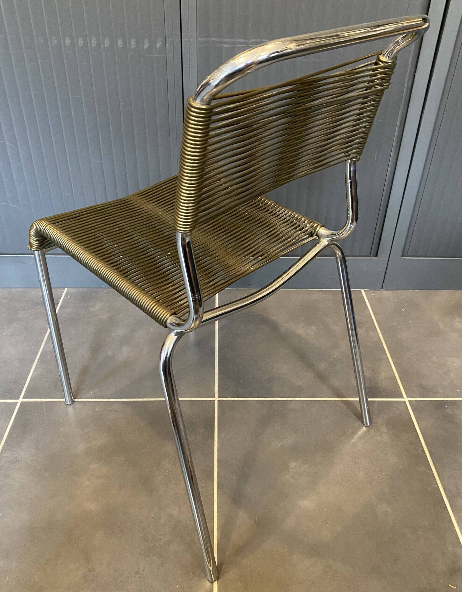 Scoubidou chair or vintage 1960s khaki green chrome spaghetti chair