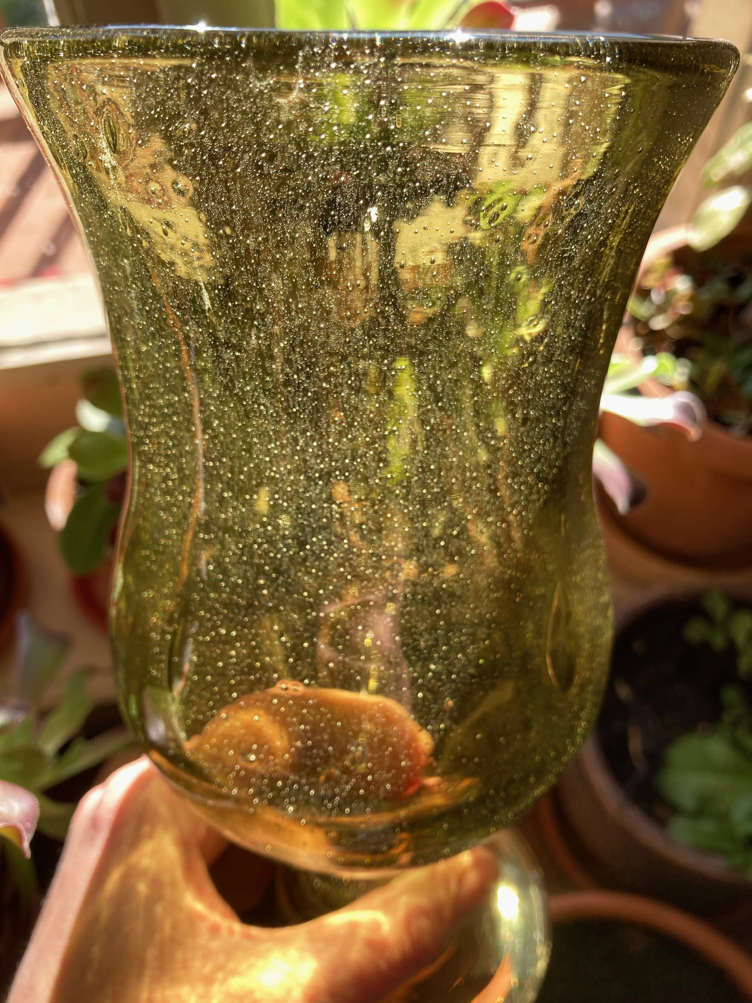 Bubbled glass vase, Biot style, moss green
