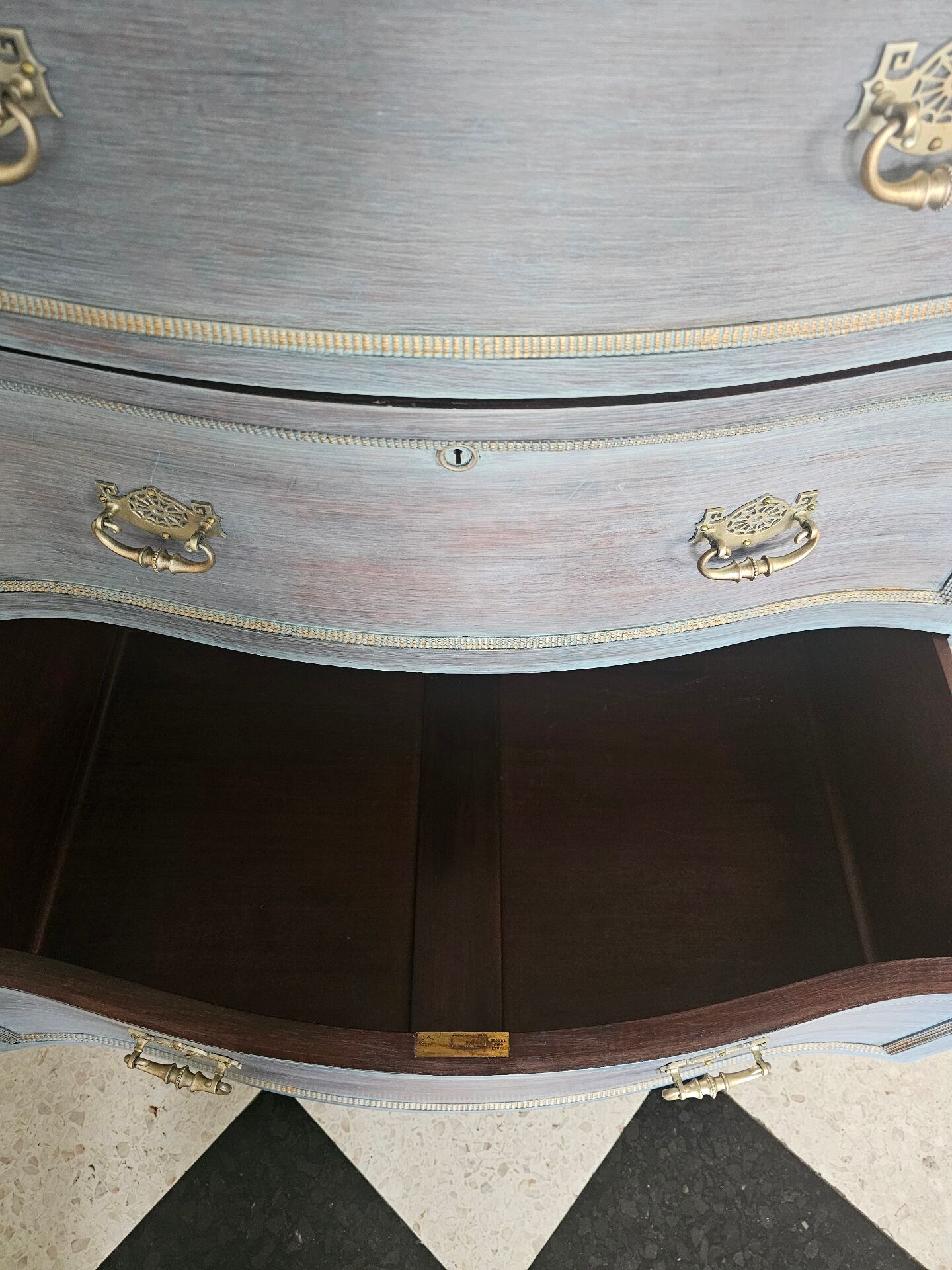 Antique English wooden commode with mirror.