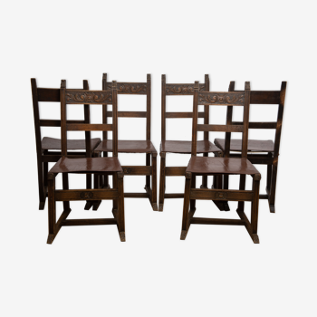 Ensemble de 6 chaises bois et assise cuir