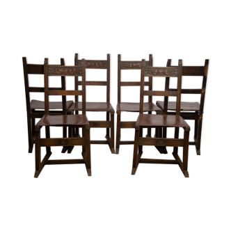 Ensemble de 6 chaises bois et assise cuir