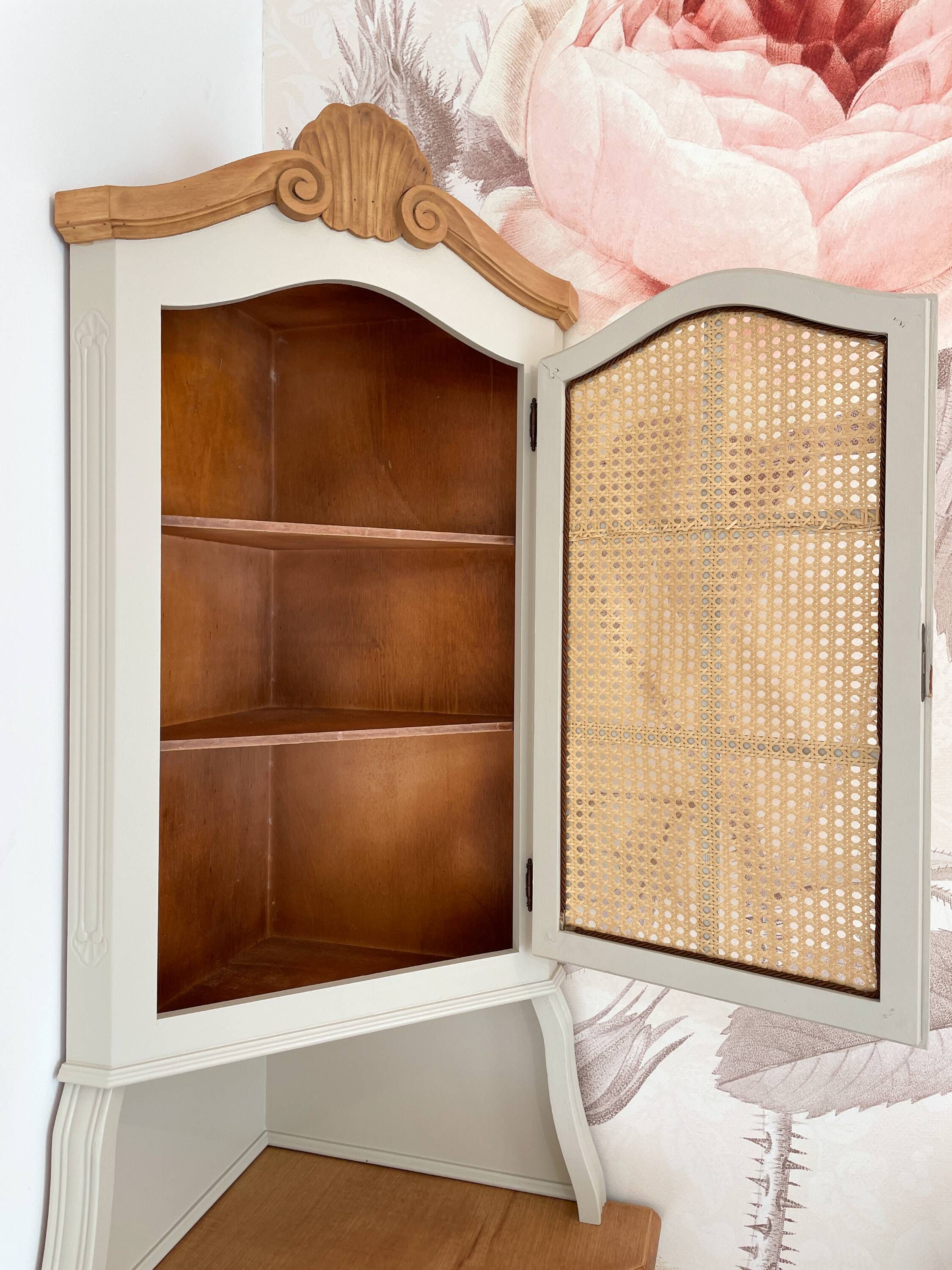 Corner unit in 2 parts, grey/beige and cane work.