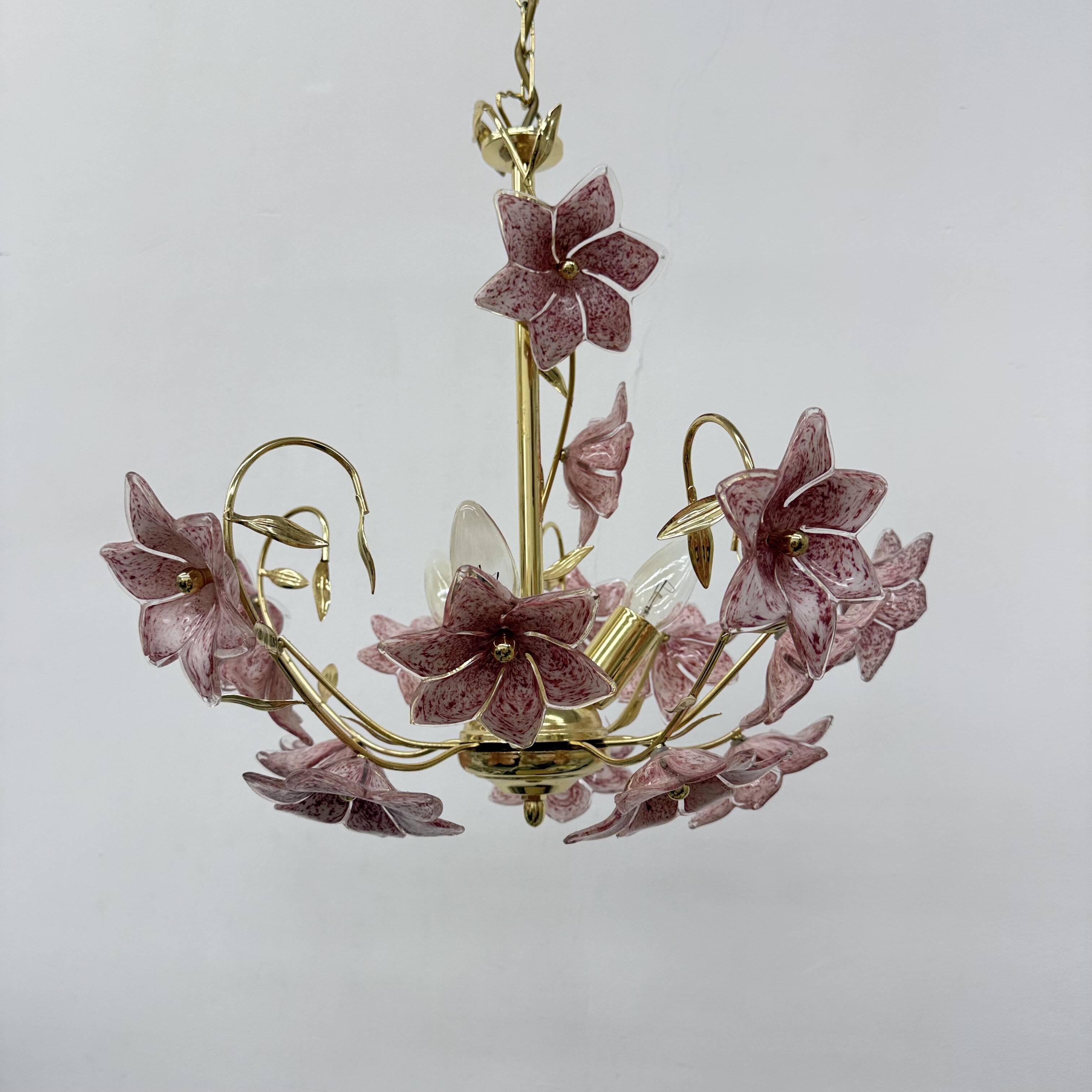 Chandelier with mourn glass pink flowers , 1970s