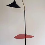 Vintage tripod floor lamp with red tablet Black metal and scoubidou