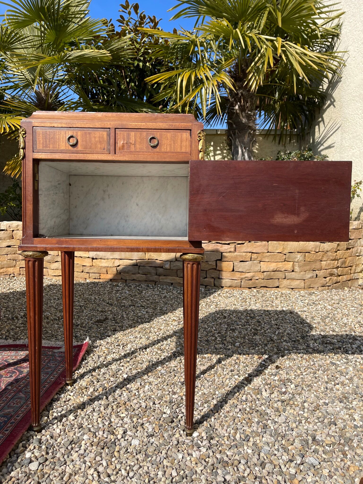 Louis XVI style marquetry & bronze bed and bedside table