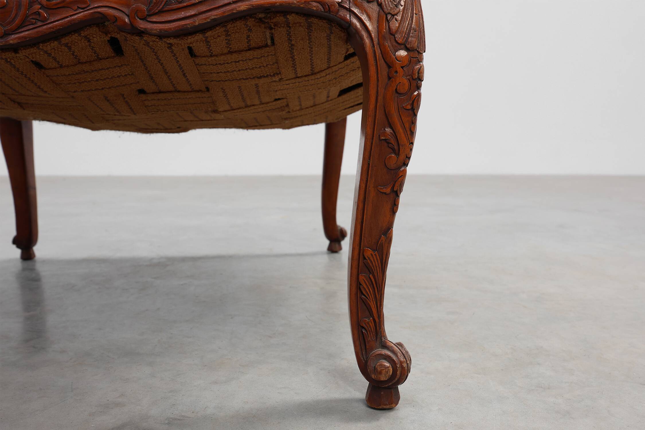 Carved Walnut Armchair with Cabriole Legs and Tapestry Upholstery, France