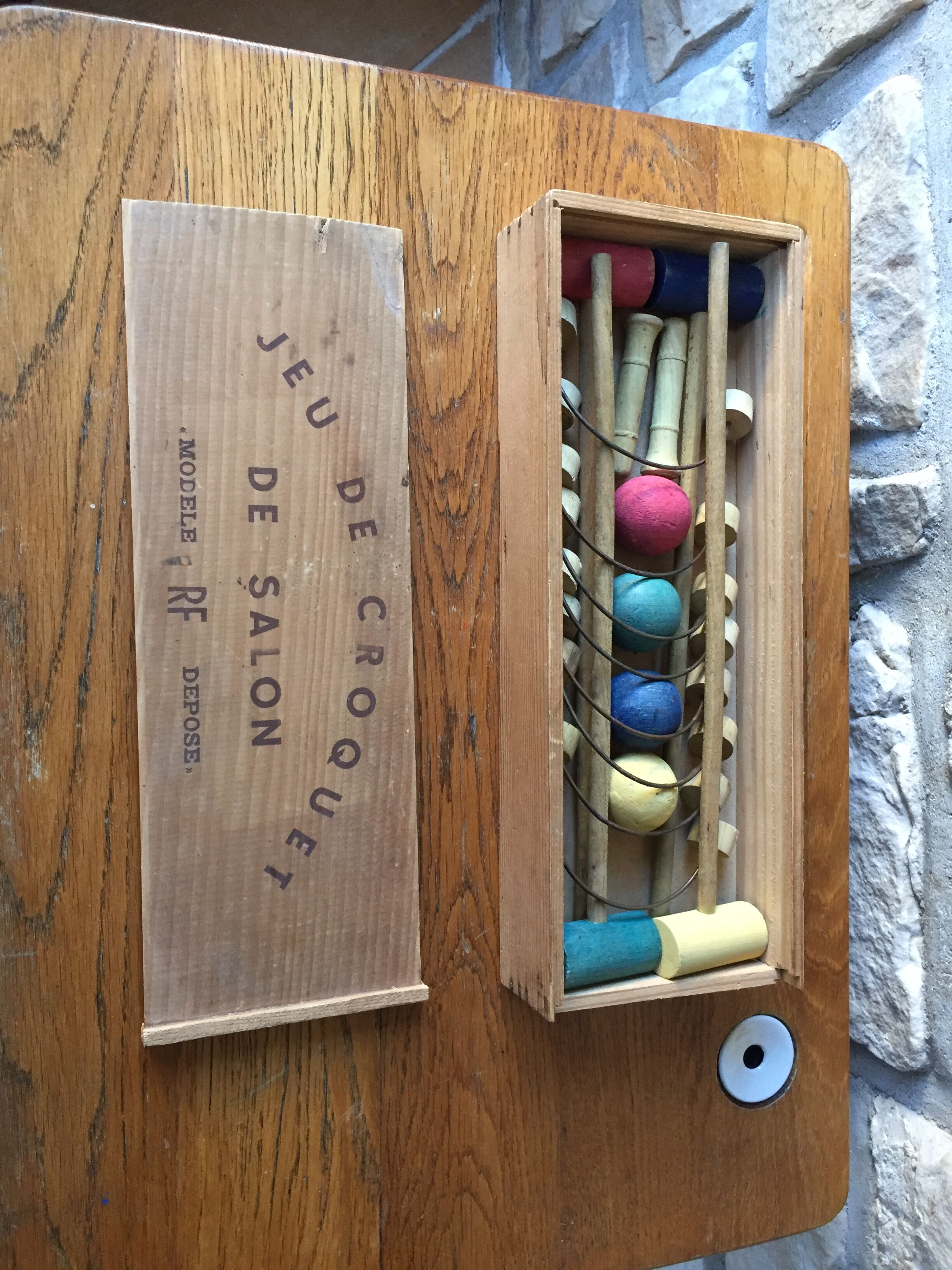 Old wooden lounge croquet game in its box