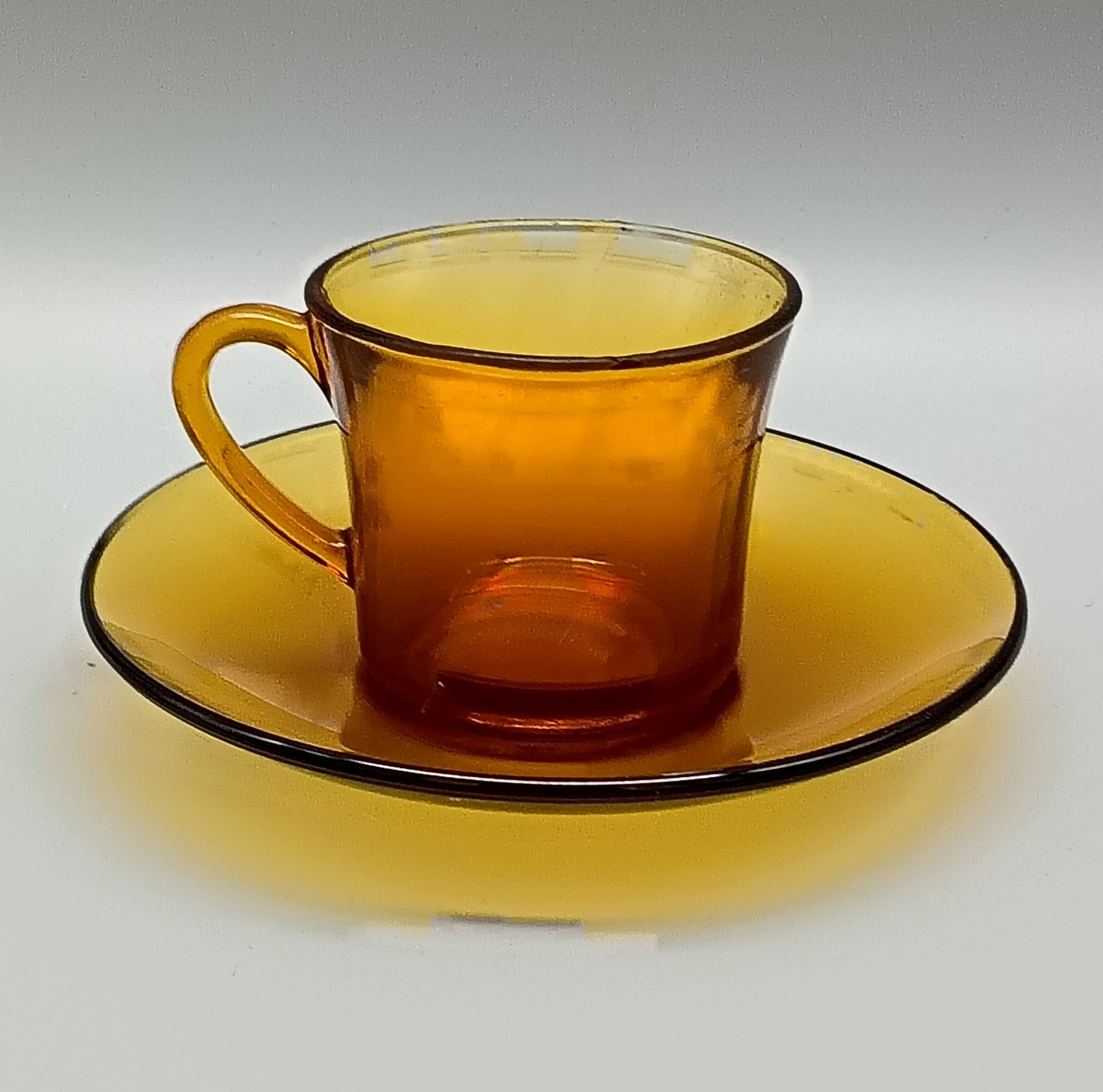 6 DURALEX CUPS with SAUCERS amber color France vintage