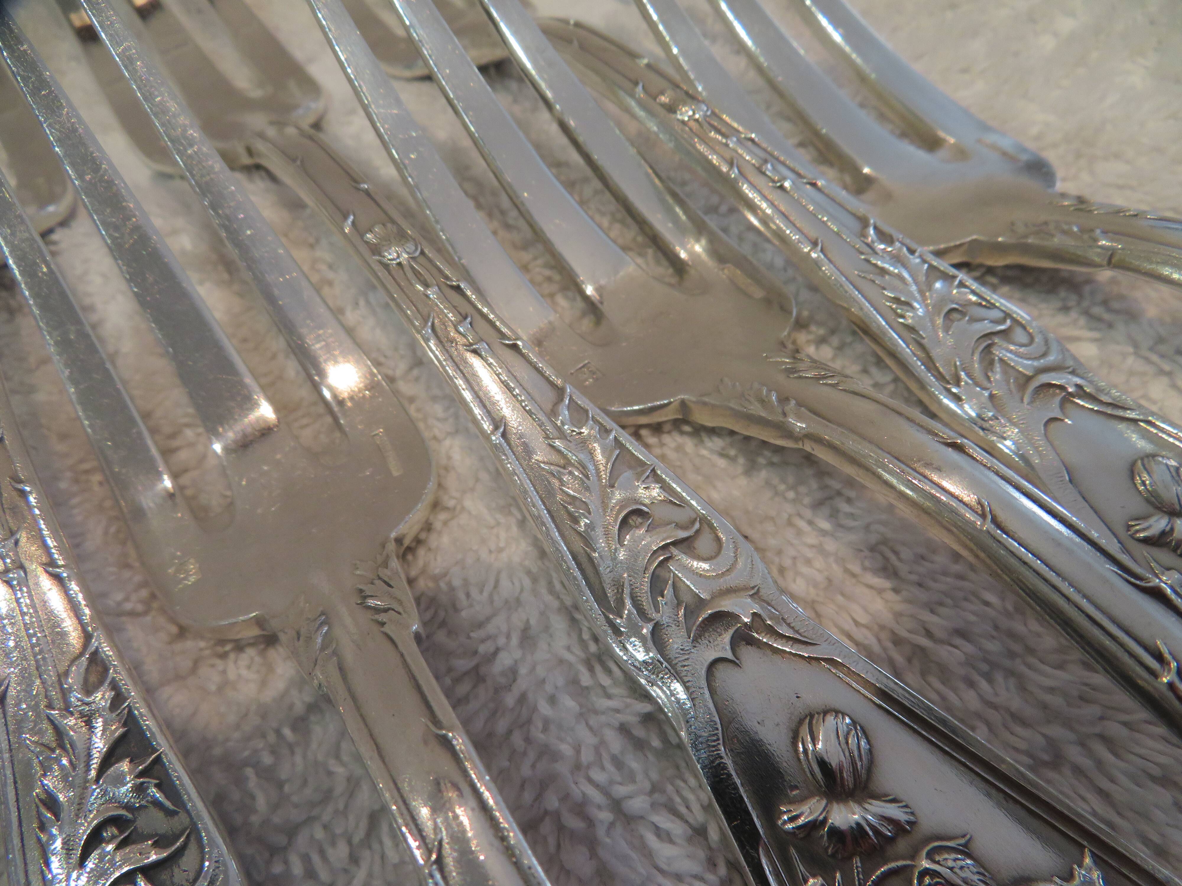 12 silver plated table forks by Boulenger, Art Nouveau Chardons