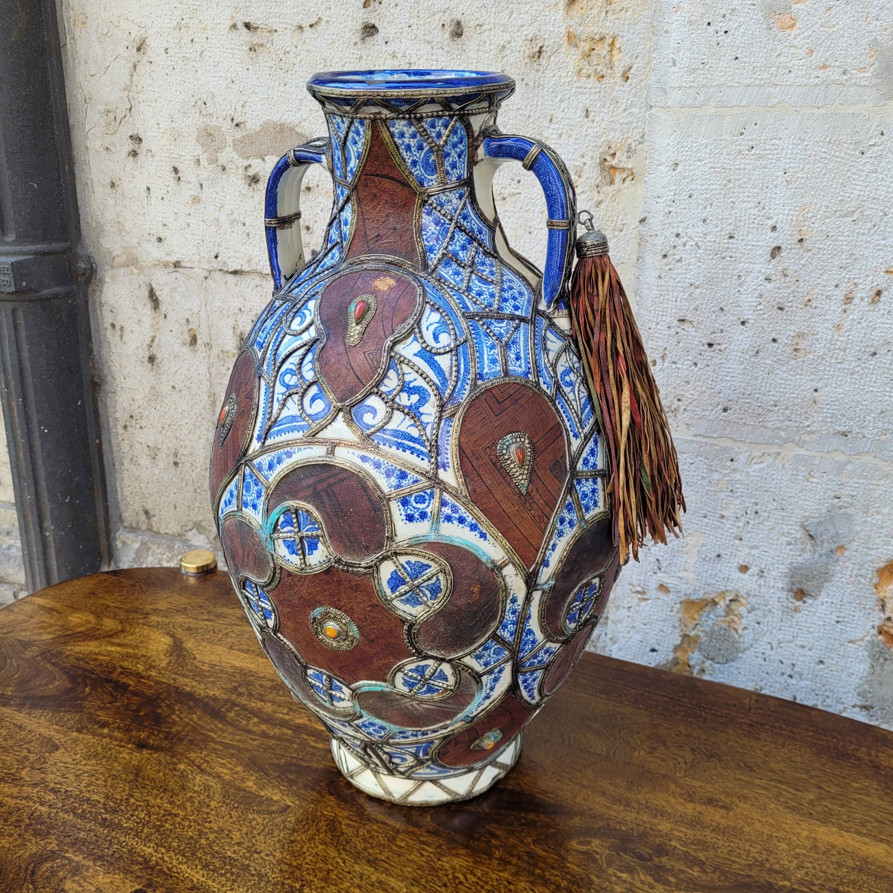 Filigree vase, ceramic, leather, enamel and metal, 19th century - Safi, Morocco