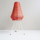 Table lamp with raffia shade on a tripod frame, mid-century lighting