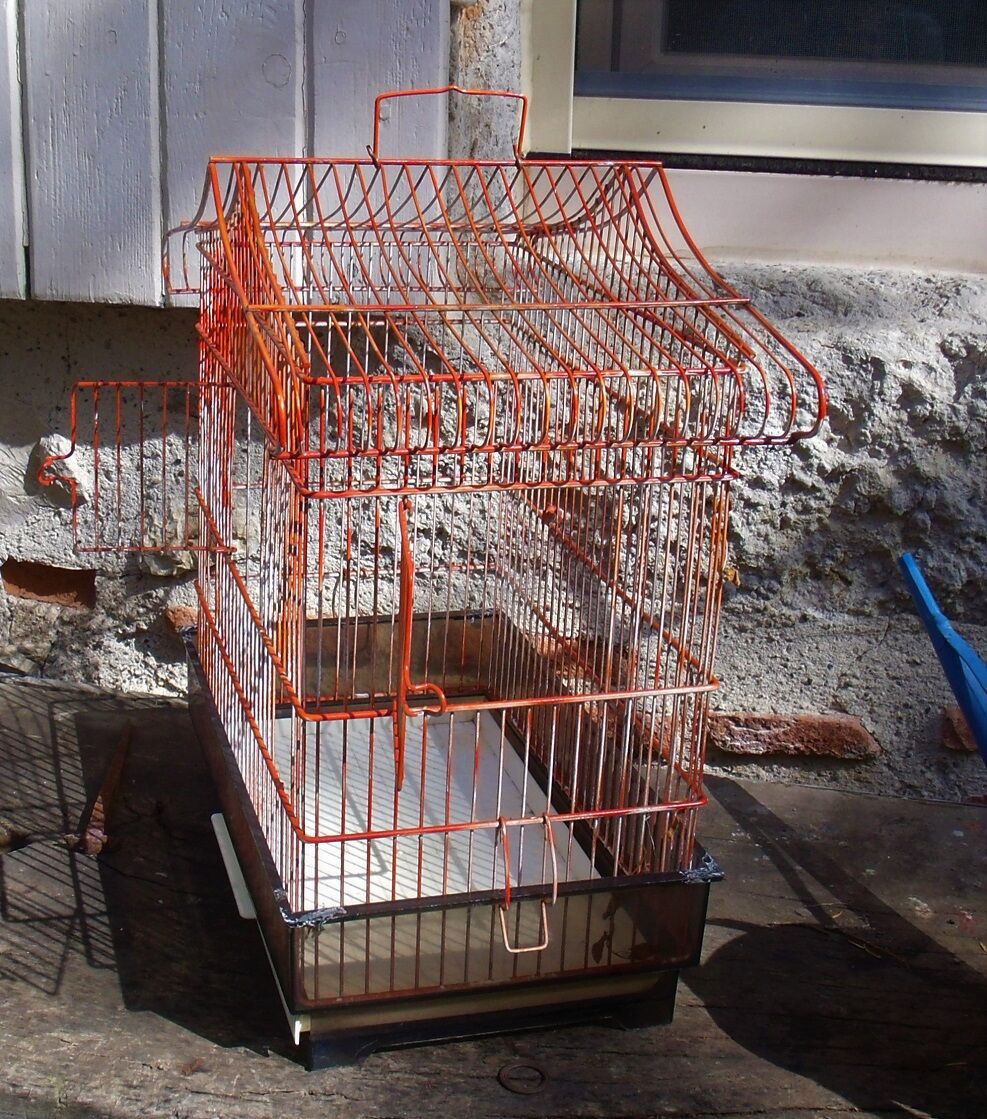 Old red metal birdcage
