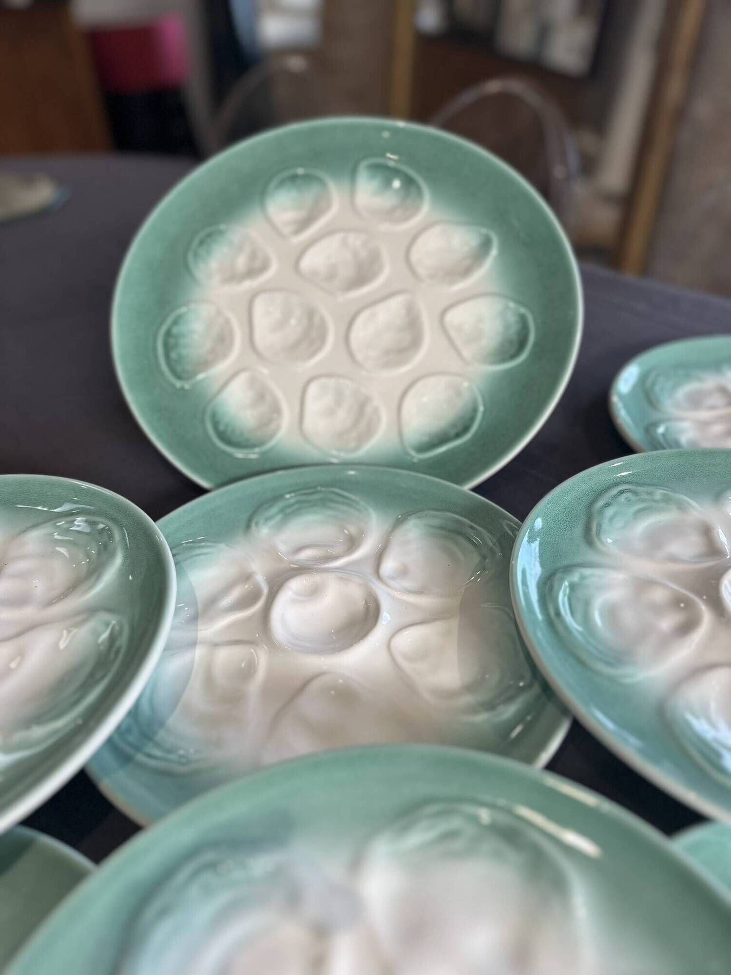 Niderviller sea-green earthenware oyster plates, set of 10 + dish
