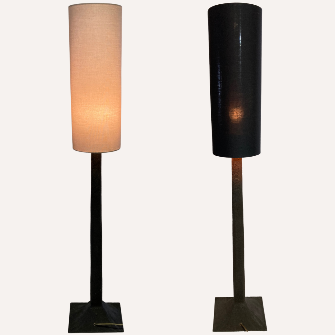 Pair vintage brutalist iron hammered floor or large table lamps, Germany.