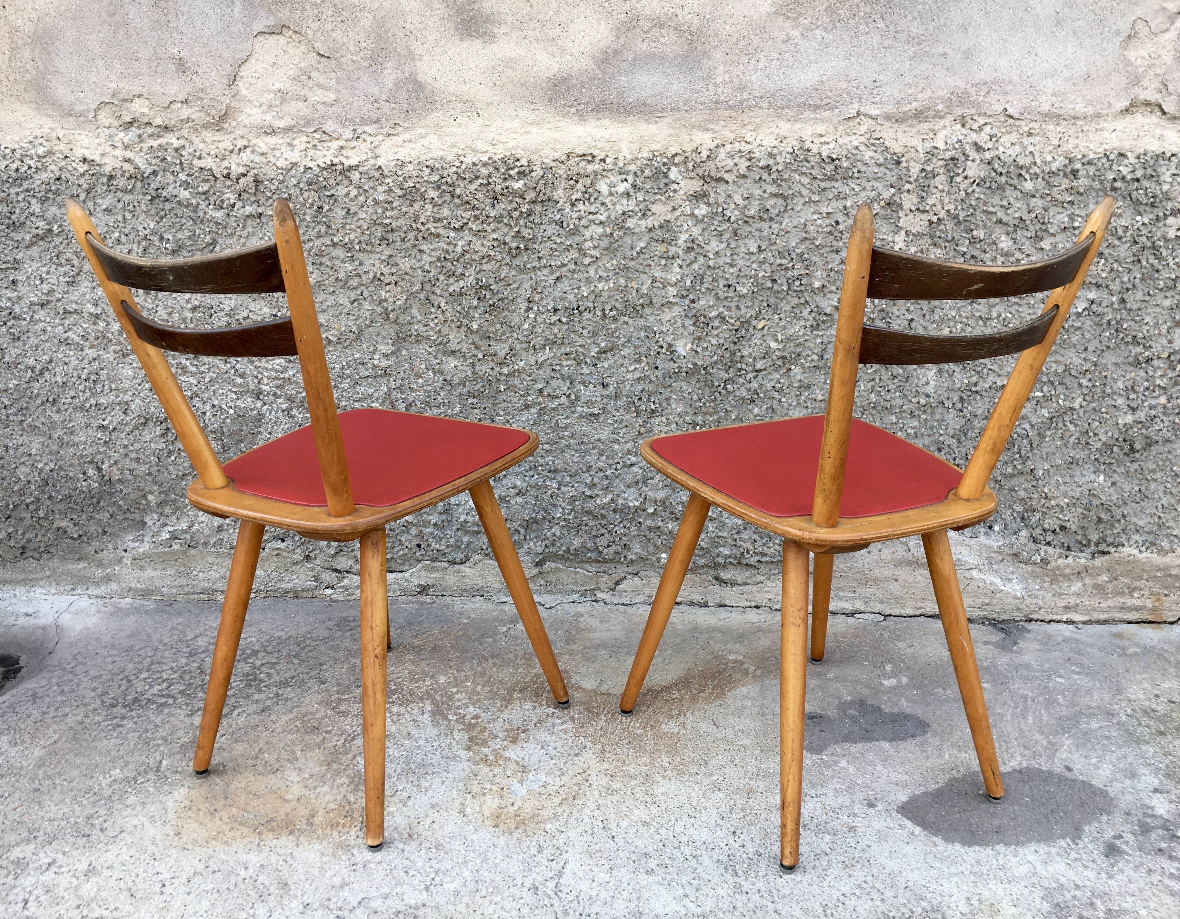 Pair of bistro and bohemian beech chairs, compass feet 1950