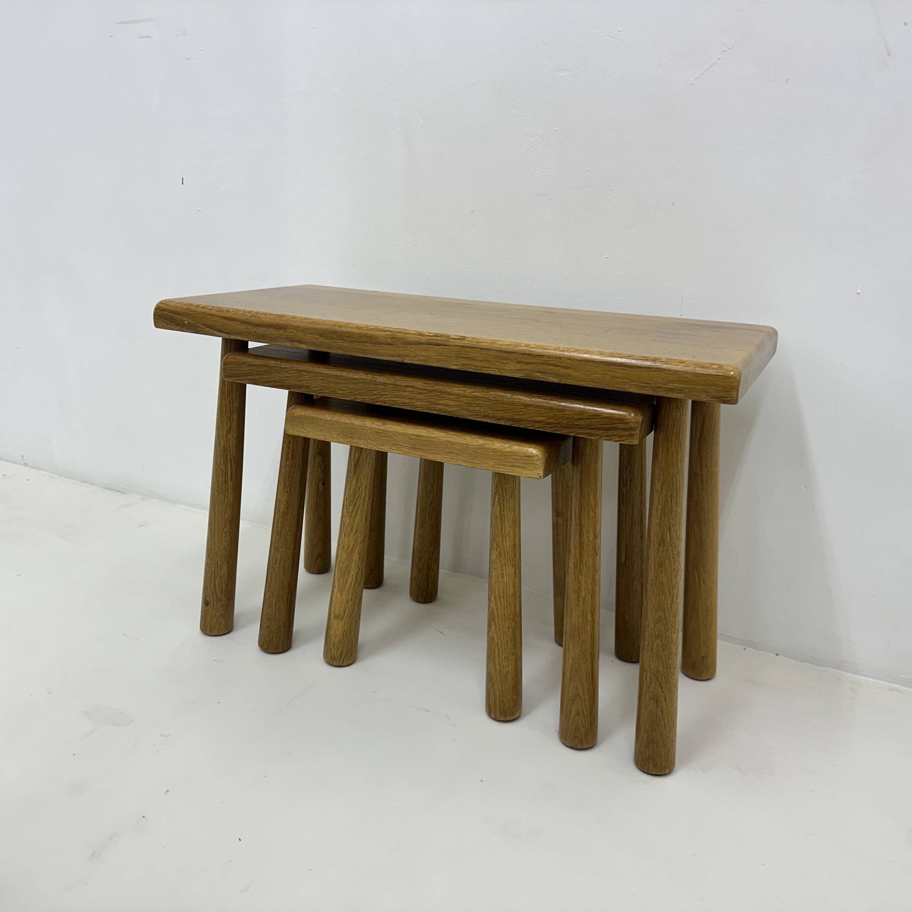 Set of nesting tables solid oak wood brutalist , 1970s