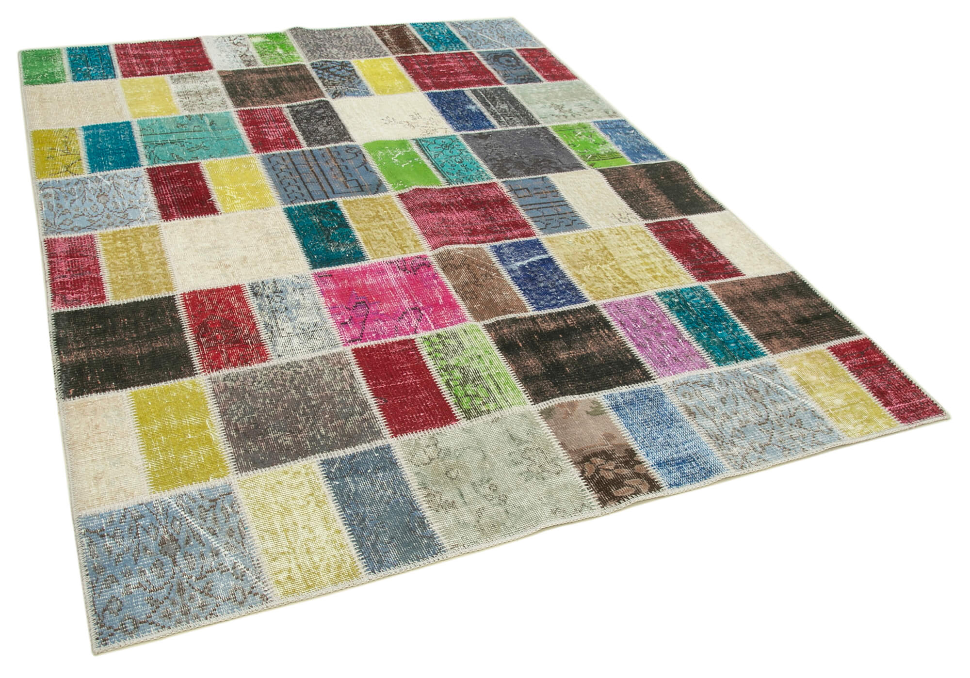 Handwoven oriental overdyed 177 cm x 229 cm multicolor patchwork carpet