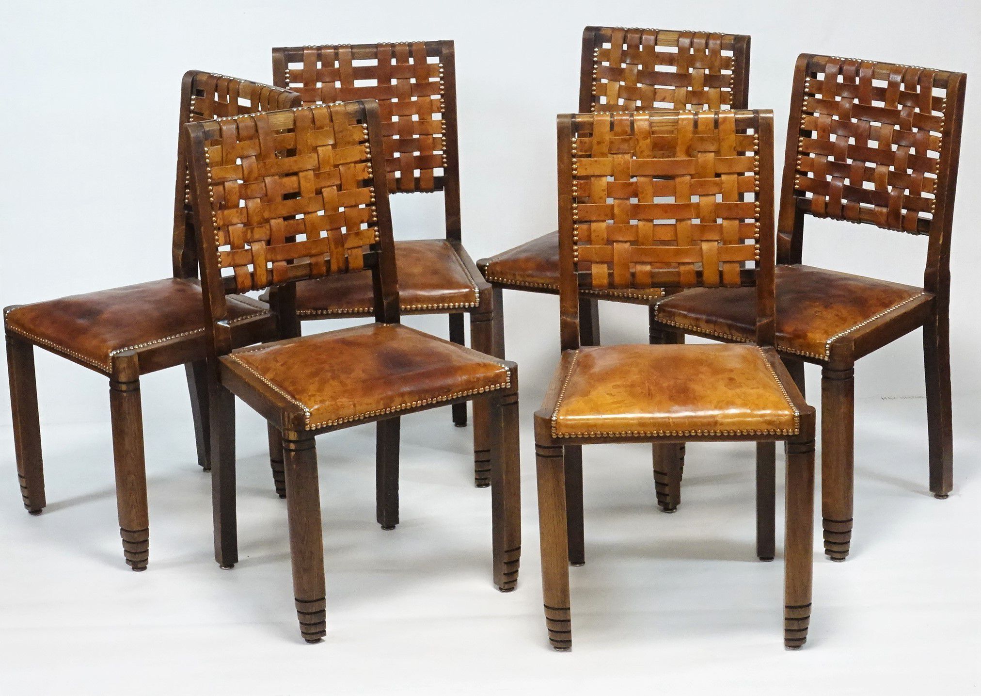6 chairs brutalist 50s leather and wood