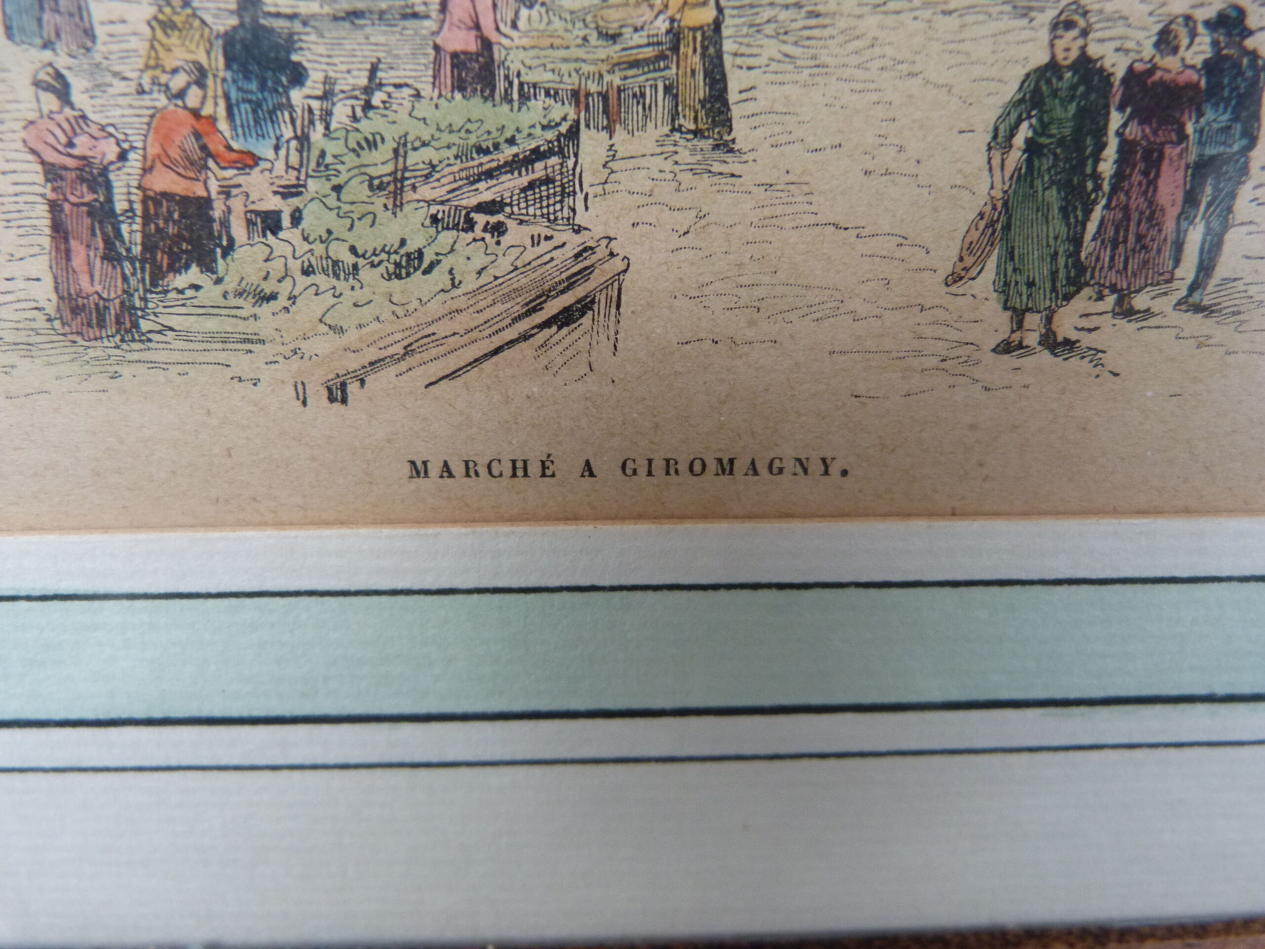 Enhanced watercolor engraving Giromagny market signed G.F