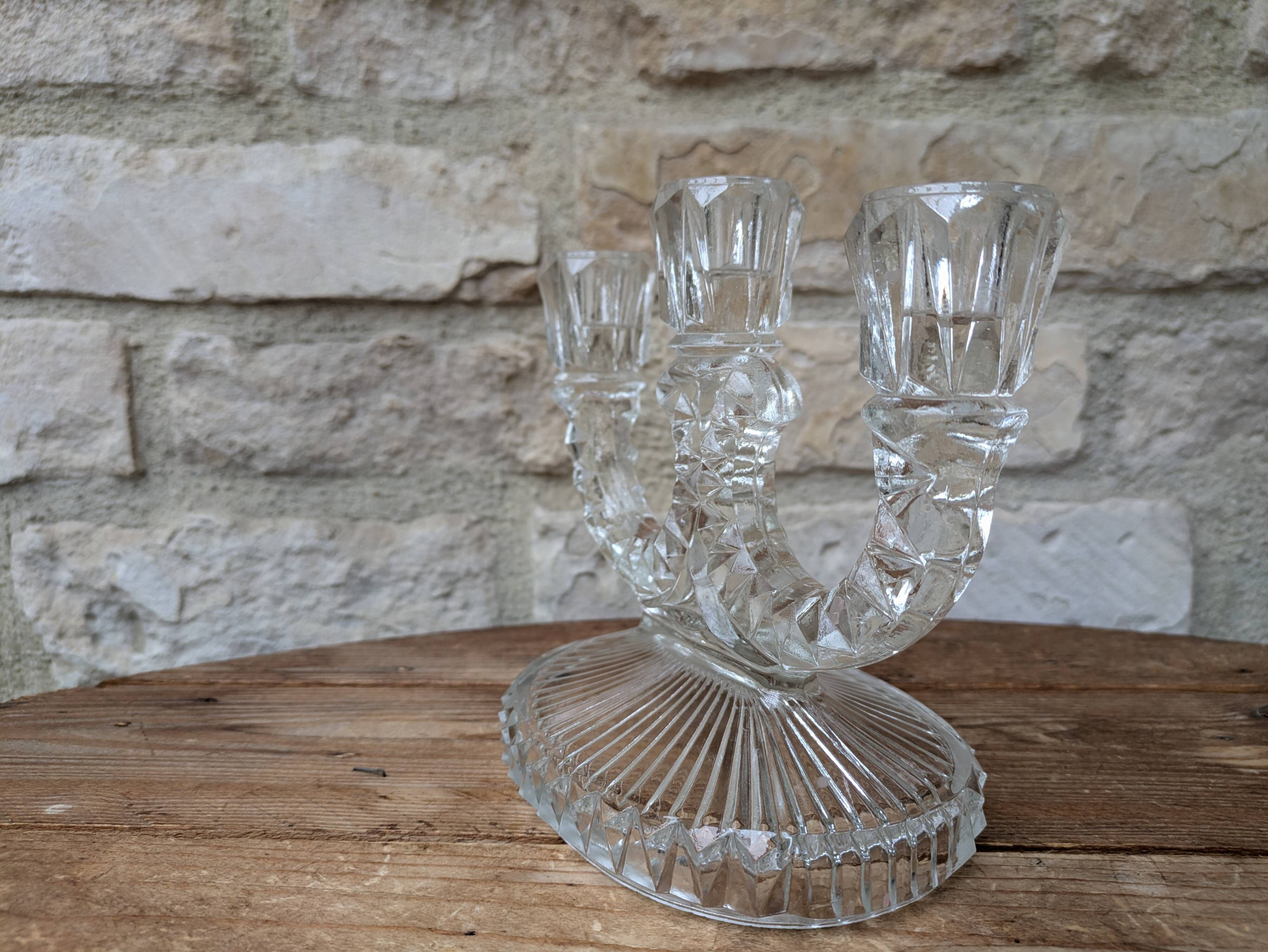 Antique molded glass candle holder for 3 taper candles
