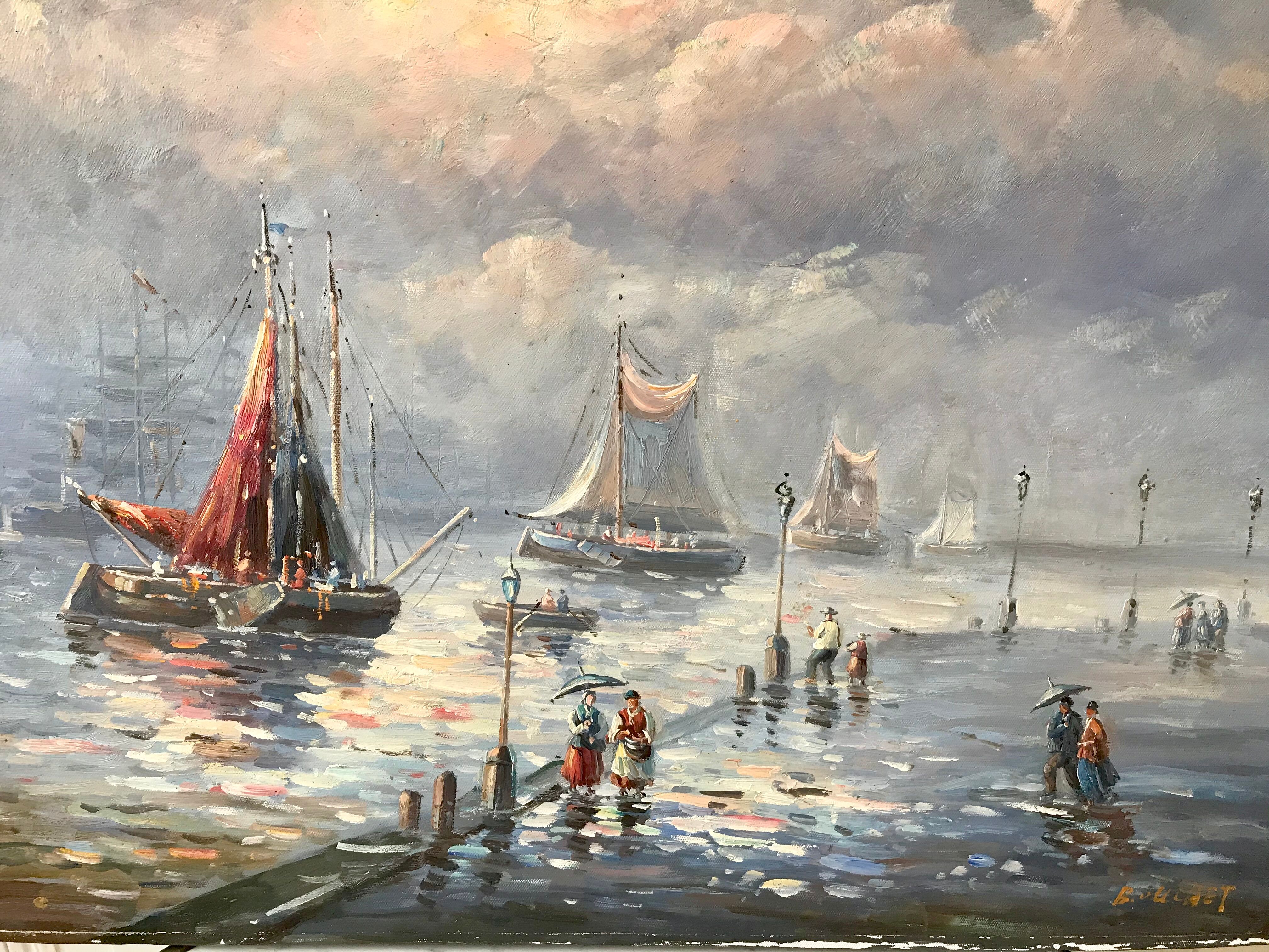 Painting seascape sailboats signed vintage