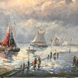Painting seascape sailboats signed vintage
